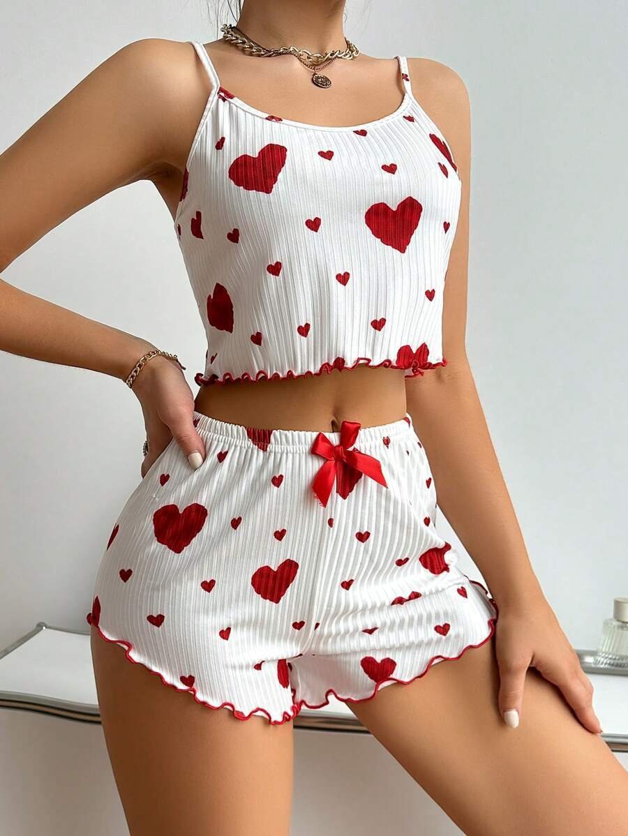Heart Printing Suspender Shorts Casual Sunken Stripe Outerwear European And American Style Women Pajamas - Image 2