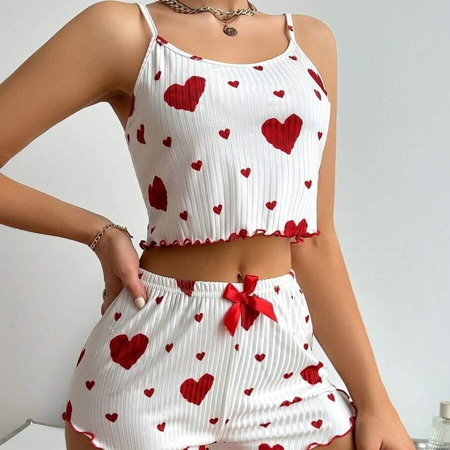 Heart Printing Suspender Shorts Casual Sunken Stripe Outerwear European And American Style Women Pajamas - Image 4