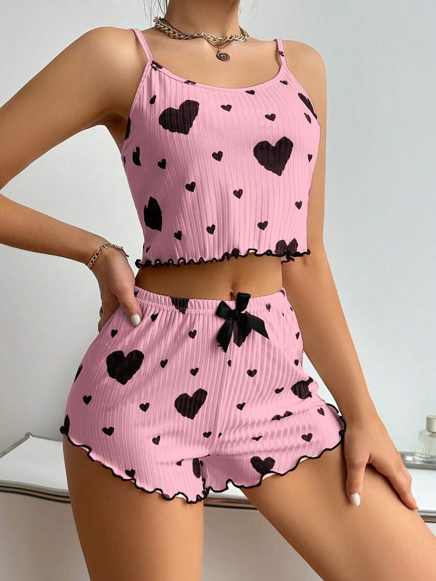 Heart Printing Suspender Shorts Casual Sunken Stripe Outerwear European And American Style Women Pajamas - Image 6