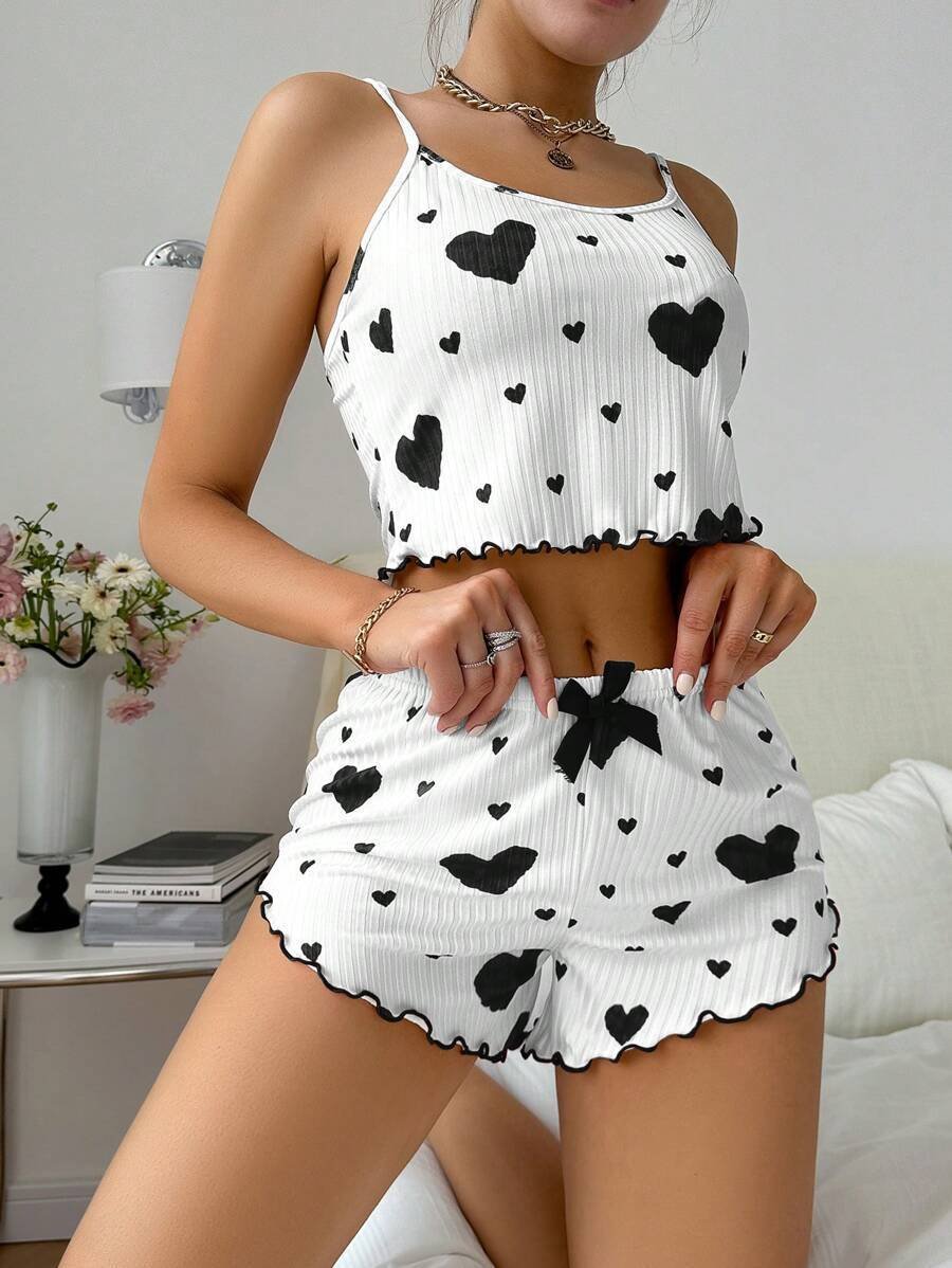 Heart Printing Suspender Shorts Casual Sunken Stripe Outerwear European And American Style Women Pajamas - Image 3