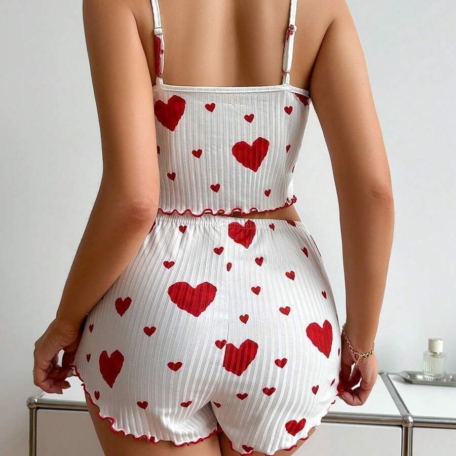 Heart Printing Suspender Shorts Casual Sunken Stripe Outerwear European And American Style Women Pajamas - Image 8