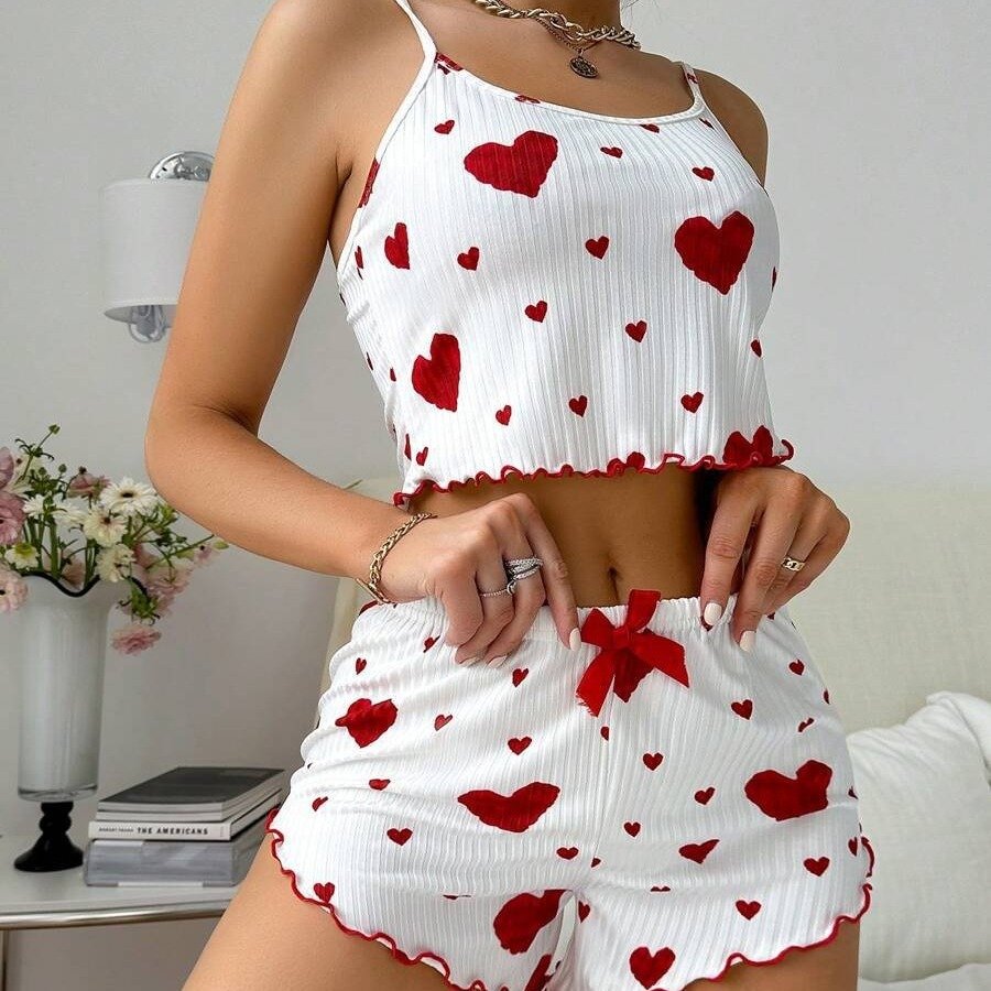 Heart Printing Suspender Shorts Casual Sunken Stripe Outerwear European And American Style Women Pajamas - Image 9